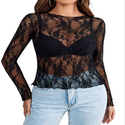 WIHOLL Lace Long Sleeve Tops for Women Layering Shirts Mesh Sheer See Through Blouse Going Out Y2K Party Tops Black L