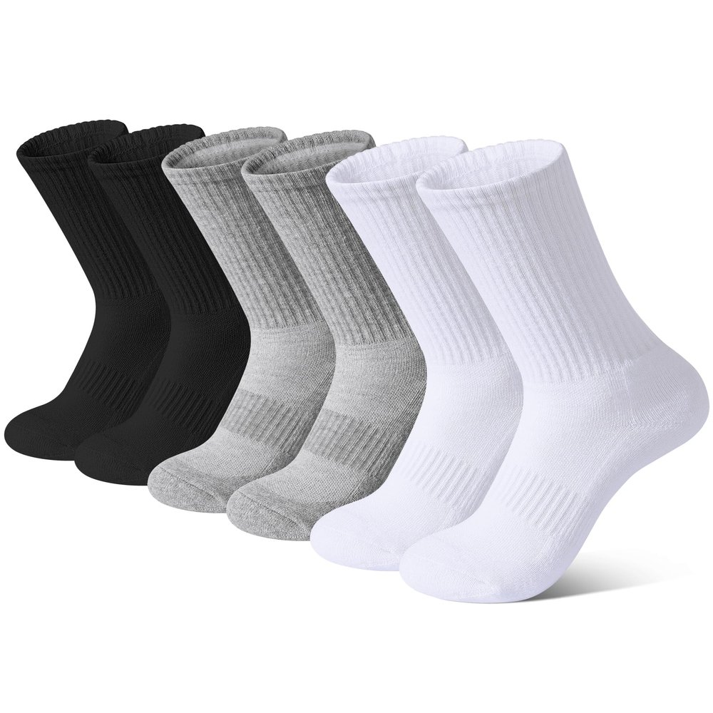 BOOPH 6 Pairs Kids Crew Socks Boys Girls Athletic Cushioned Hiking Sock Warm Soft Running Socks Black White Gray 10-14 Years
