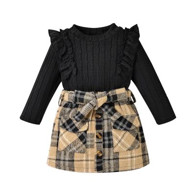 DOMOABEI 4T Girl Clothes Fall Winter Toddler Clothes for Girls Cute Ruffled knitted T-Shirt Tops Plaid Pleated Botton Mini Skirt Girls Dresses Fall Outfit Bow Belt 3 Piece Outfit Black 4-5T