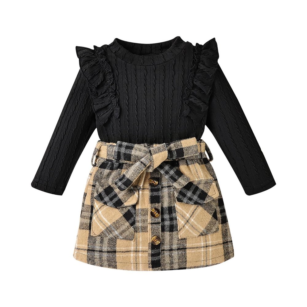 DOMOABEI 4T Girl Clothes Fall Winter Toddler Clothes for Girls Cute Ruffled knitted T-Shirt Tops Plaid Pleated Botton Mini Skirt Girls Dresses Fall Outfit Bow Belt 3 Piece Outfit Black 4-5T