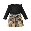 DOMOABEI 4T Girl Clothes Fall Winter Toddler Clothes for Girls Cute Ruffled knitted T-Shirt Tops Plaid Pleated Botton Mini Skirt Girls Dresses Fall Outfit Bow Belt 3 Piece Outfit Black 4-5T view 1