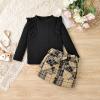 DOMOABEI 4T Girl Clothes Fall Winter Toddler Clothes for Girls Cute Ruffled knitted T-Shirt Tops Plaid Pleated Botton Mini Skirt Girls Dresses Fall Outfit Bow Belt 3 Piece Outfit Black 4-5T view 2