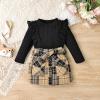 DOMOABEI 4T Girl Clothes Fall Winter Toddler Clothes for Girls Cute Ruffled knitted T-Shirt Tops Plaid Pleated Botton Mini Skirt Girls Dresses Fall Outfit Bow Belt 3 Piece Outfit Black 4-5T view 3