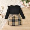 DOMOABEI 4T Girl Clothes Fall Winter Toddler Clothes for Girls Cute Ruffled knitted T-Shirt Tops Plaid Pleated Botton Mini Skirt Girls Dresses Fall Outfit Bow Belt 3 Piece Outfit Black 4-5T view 4