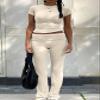 ZFLM Casual Workout Two Piece Outfits for Women Short Sleeve Crop High Waist Foldover Flare Pants Tracksuit Sets Streetwear view 2
