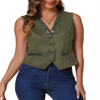 Allegra K Vintage Suit Waistcoat for Women's V Neck Faux Suede Button Down Sleeveless Jacket Vest X-Small Army Green