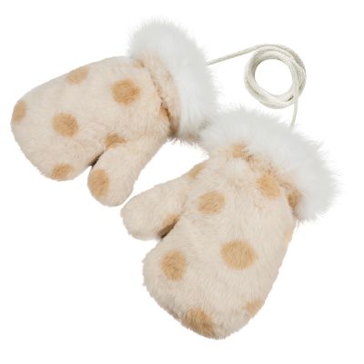 Womens Polka dot Faux Fur Flip Cover Minttens Winter Warm Furry Plush Dalmatian Print Gloves with String For Girls (Beige, One Size)