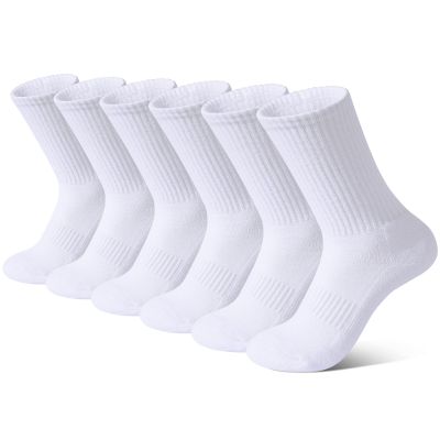 BOOPH 6 Pairs Kids Crew Socks Boys Girls Athletic Cushioned Hiking Sock Warm Soft Running Socks White 7-10 Years