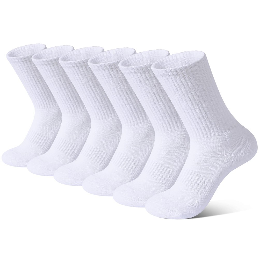 BOOPH 6 Pairs Kids Crew Socks Boys Girls Athletic Cushioned Hiking Sock Warm Soft Running Socks White 7-10 Years