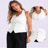 Allegra K Denim Vest for Women's Halter Neck Button Down Backless Jean Waistcoat Large White view 2