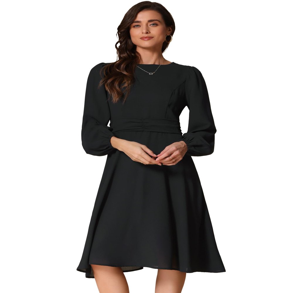 Allegra K Flowy Midi Dresses for Women's Lantern Long Sleeves Fall Winter Work Casual Wedding Guest Dress Large Black
