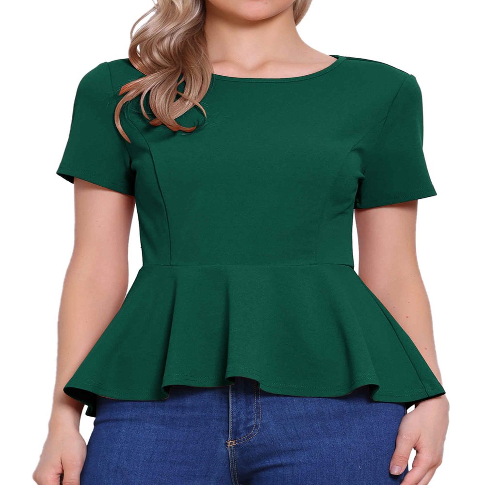 Allegra K Peplum Tops for Women's Short Sleeve Round Neck Stretch Business Classic Blouse Top Small Green