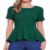 Allegra K Peplum Tops for Women's Short Sleeve Round Neck Stretch Business Classic Blouse Top Small Green view 1