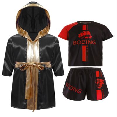 TiaoBug Kids Boys Boxing Uniform Set 3Pcs Long Sleeve Open Front Hooded Cloak Robe with T-Shirt and Shorts Black&Red 10 Years