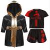TiaoBug Kids Boys Boxing Uniform Set 3Pcs Long Sleeve Open Front Hooded Cloak Robe with T-Shirt and Shorts Black&Red 10 Years view 1