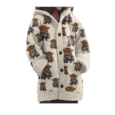 Aimery Womens Highland Cow Print Knitted Cardigan Casual Highland Cow Top highland cow sweatshirts for women Oatmeal