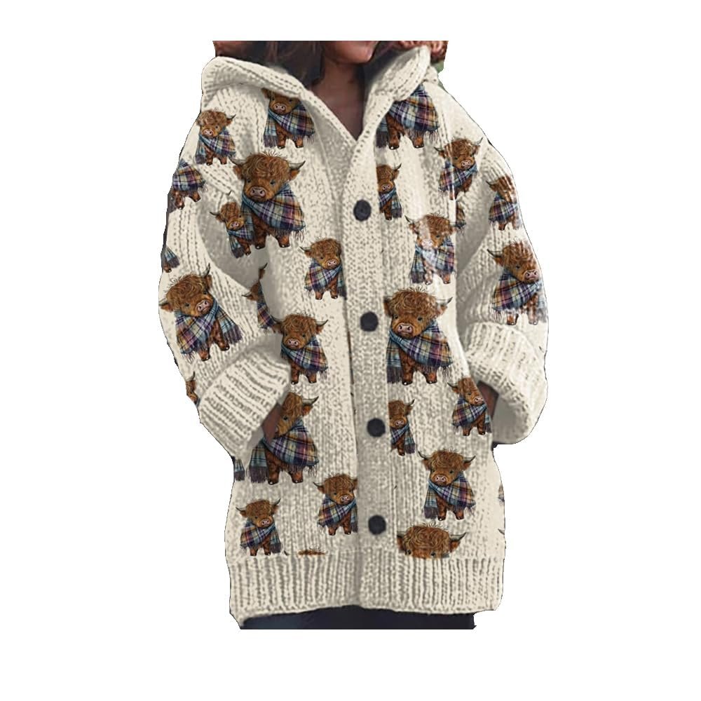 Aimery Womens Highland Cow Print Knitted Cardigan Casual Highland Cow Top highland cow sweatshirts for women Oatmeal
