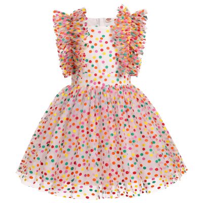 ABEHIK Birthday Party Dress for Kids Girls Sparkly Sequin Princess Outfits Flutter Sleeve Confetti Polka Dot Cake Smash Tutu Tulle Dresses Wedding Pageant Evening Gown Colored Dots 7-8 Years
