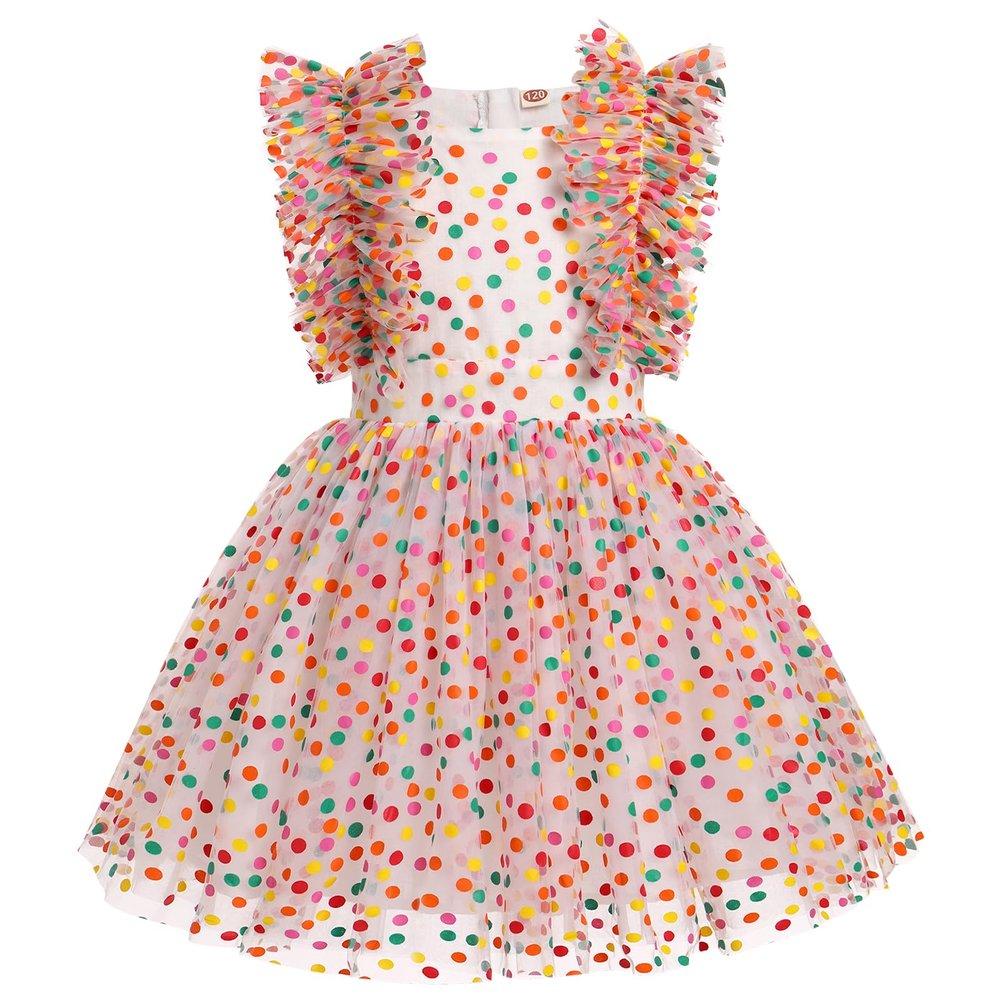 ABEHIK Birthday Party Dress for Kids Girls Sparkly Sequin Princess Outfits Flutter Sleeve Confetti Polka Dot Cake Smash Tutu Tulle Dresses Wedding Pageant Evening Gown Colored Dots 7-8 Years