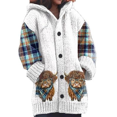 Aimery Womens Highland Cow Print Knitted Cardigan Casual Highland Cow Top highland cow sweatshirts for women White