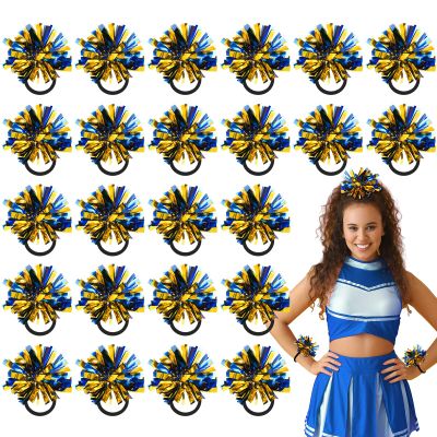 Shappy 24 Pcs 2 Color Mini Pom Poms Hair Ropes for Football Cheerleading 4 Inch Ponytail Holder for Team Spirit Sports Dance Cheer (Blue Gold)