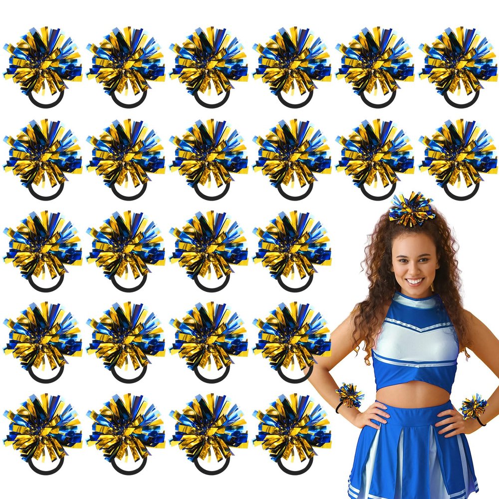 Shappy 24 Pcs 2 Color Mini Pom Poms Hair Ropes for Football Cheerleading 4 Inch Ponytail Holder for Team Spirit Sports Dance Cheer (Blue Gold)