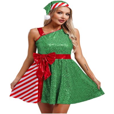 Lorilida Womens Christmas Mrs Santa Dress with Santa Hat Adult Sleeveless Sequins Dance Dress Costume Green XX-Large