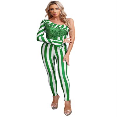 Linjinx One-Piece Bodysuit Womens Christmas Candy Cane Jumpsuit Long Sleeve Dance Unitard Costumes Green Large