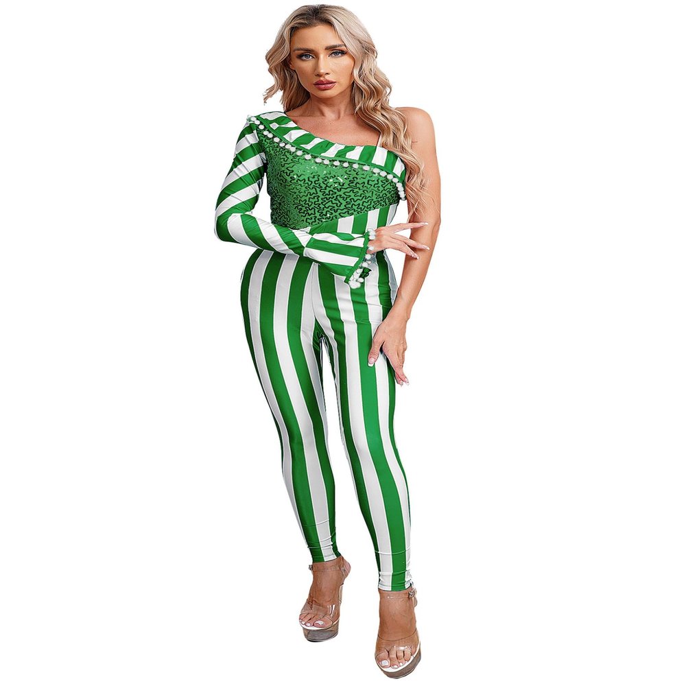 Linjinx One-Piece Bodysuit Womens Christmas Candy Cane Jumpsuit Long Sleeve Dance Unitard Costumes Green Large