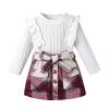 DOMOABEI 24 Months Girls Clothes Toddler Girl Clothes Fall Winter Outfits Cute Ruffled knitted T-Shirt Tops Plaid Pleated Botton Mini Skirt Girls Dresses Bow Belt 3 Piece Outfit White 2-3T view 1