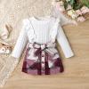 DOMOABEI 24 Months Girls Clothes Toddler Girl Clothes Fall Winter Outfits Cute Ruffled knitted T-Shirt Tops Plaid Pleated Botton Mini Skirt Girls Dresses Bow Belt 3 Piece Outfit White 2-3T view 3