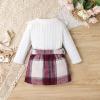 DOMOABEI 24 Months Girls Clothes Toddler Girl Clothes Fall Winter Outfits Cute Ruffled knitted T-Shirt Tops Plaid Pleated Botton Mini Skirt Girls Dresses Bow Belt 3 Piece Outfit White 2-3T view 4