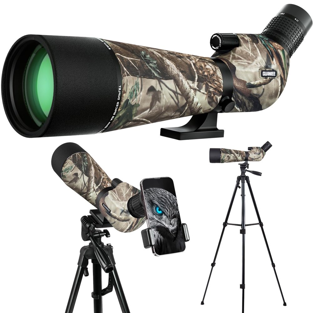 GUANIEE 25-75x80 Spotting Scope for Target Shooting with Upgraded Full Size Tripod Carrying Bag and Phone Adapter Spotter Scope for Bird Watching, Wildlife Viewing Camo
