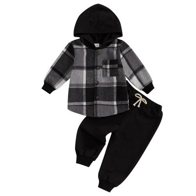 LIOMENGZI Infant Baby Boy Hooded Dinosaur Fall Outfit Contrast Sweatshirt Pant Set Toddler Dinosaur Clothes 6 12 18 Months 2T (black Plaid, 18-24 Months)