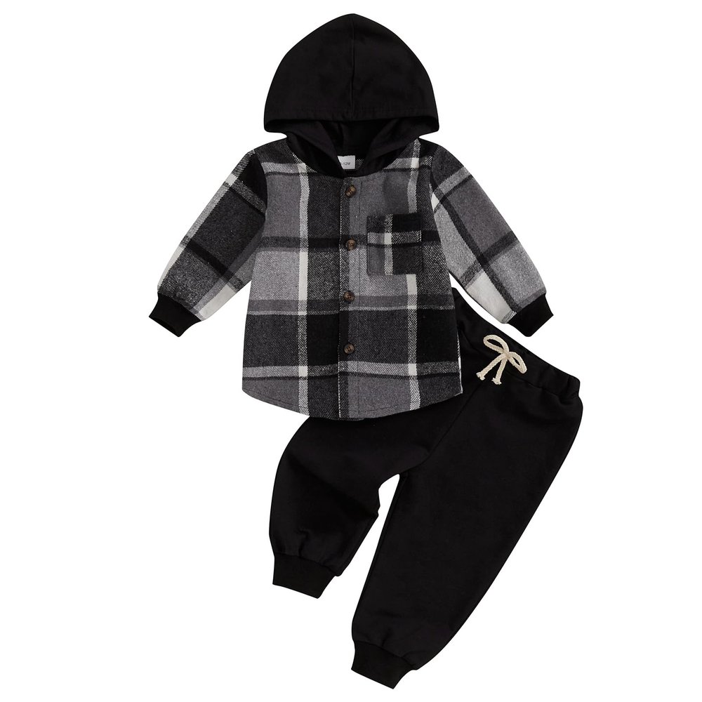 LIOMENGZI Infant Baby Boy Hooded Dinosaur Fall Outfit Contrast Sweatshirt Pant Set Toddler Dinosaur Clothes 6 12 18 Months 2T (black Plaid, 18-24 Months)