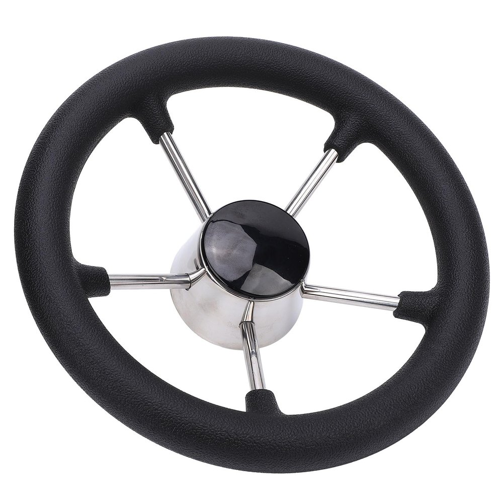 Marine Steering Wheel 11 Inch Boat Steering Wheel 5 Spoke 25 Degree Stainless Steel Marine Steering Wheel with Center Cap Foam Grip for Yacht Pontoon