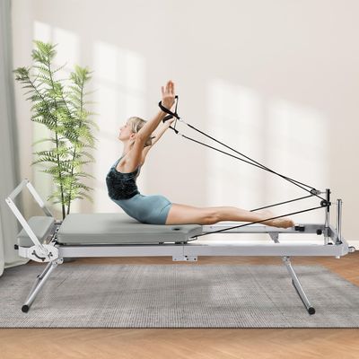 ZENOVA Pilates Reformer Foldable Pilates Machine & Equipment for Home Workout Cardio Fitness Rebounder Up to 300 lbs Weight Capacity (Gray)