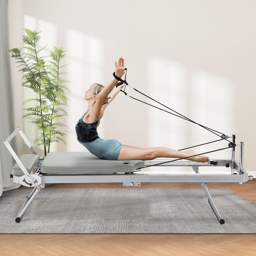 ZENOVA Pilates Reformer Foldable Pilates Machine & Equipment for Home Workout Cardio Fitness Rebounder Up to 300 lbs Weight Capacity (Gray)