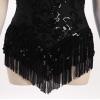 ABEHIK Sequin Fringe Dance Bodysuit for Women Sexy Music Festival Rave Sequins Sparkly Glitter Shorts Mini Dress Disco Birthday Party Nightclub Tassel Cocktail Club Evening Gown Black S view 2