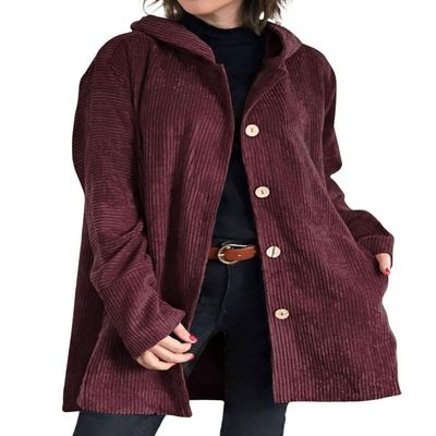 chouyatou Women's Spring Fall Corduroy Jacket with Hood Casual Loose Button Down Hooded Corduroy Trench Coat Outerwear (X-Large, Wine Red)