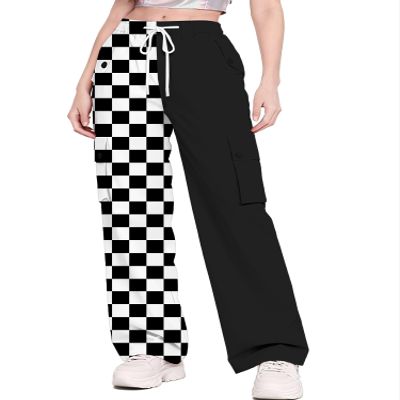 Betusline Girl's High Waist Wide Leg Cargo Pants Y2K Parachute Pants with Pockets and Drawstring, Colorblock-Black White Checked, 13-14 Years = Tag 170