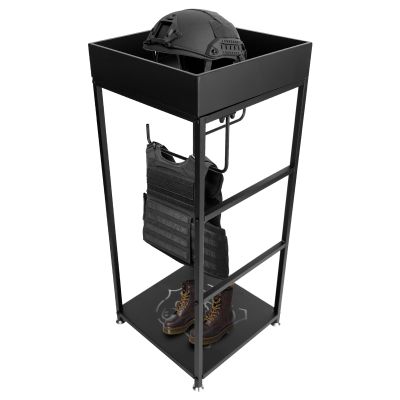 Police Gear Stand, Police Hanger, Tactical Duty Gear Rack with 3 Hooks, Free-Standing All Iron Frame Police Gift Decor with Flag, Black