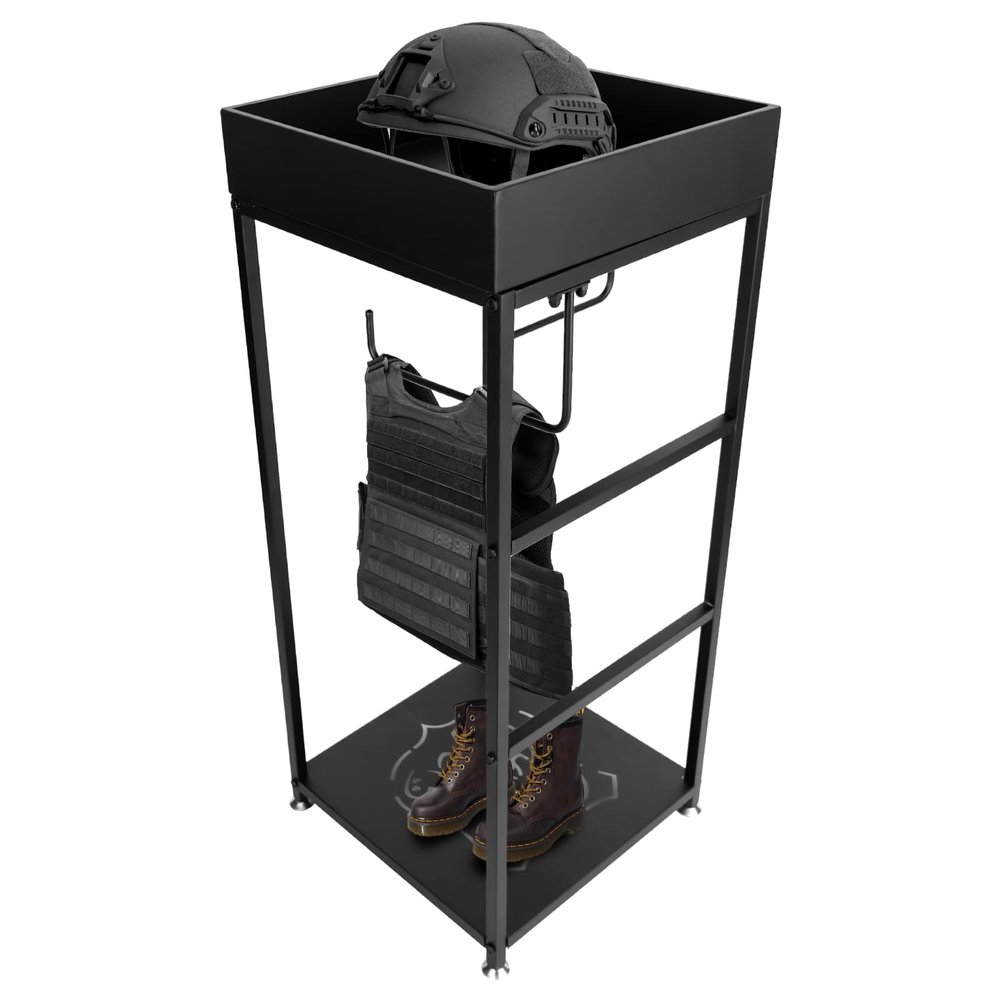 Police Gear Stand, Police Hanger, Tactical Duty Gear Rack with 3 Hooks, Free-Standing All Iron Frame Police Gift Decor with Flag, Black