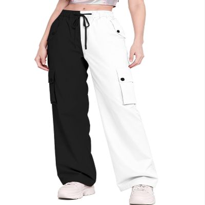 Betusline Girl's High Waist Wide Leg Cargo Pants Y2K Parachute Pants with Pockets and Drawstring, Colorblock-White Black, 11-12 Years = Tag 160