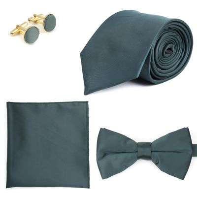 Turquoise Necktie Bow Tie for Men Adjustable BowTies Pocket Square Cufflinks Set | Perfect Combo for Professional (Grey)