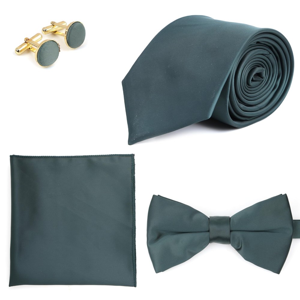 Turquoise Necktie Bow Tie for Men Adjustable BowTies Pocket Square Cufflinks Set | Perfect Combo for Professional (Grey)