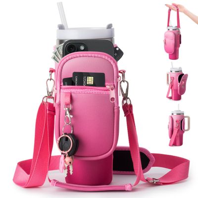 linmaya Water Bottle Carrier Bag for Stanley Cup 40/30oz with Phone Holder Pockets,Neoprene Water Bottle Cross-body Bag with Adjustable Shoulder & Hand Strap Stanley Cup Accessories