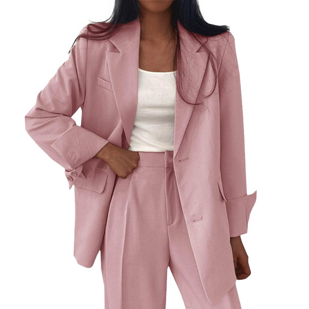 Casual Blazer for Women Business Work Office Suit Jacket Fashion Loose Button Down Lapel Long Sleeve Coat with Pocket A-Pink