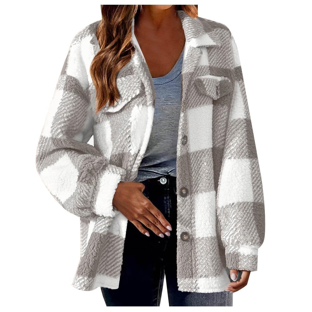 s Placed Recently By Me Womens Coats And Jackets Womens Outerwear Shackets For Women 2024 Winter Warm Fuzzy Plaid Shirt Jackets Plus Size Button Down Long Zip Jacket (Grey, L) Shearling Card