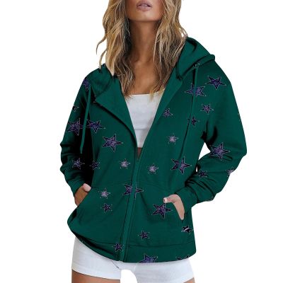 Fashion Hoodies for Women Star Printed Zipper Fleece Long Sleeve Sweatshirt Jacket Fall Loose Sport Coat with Pocket